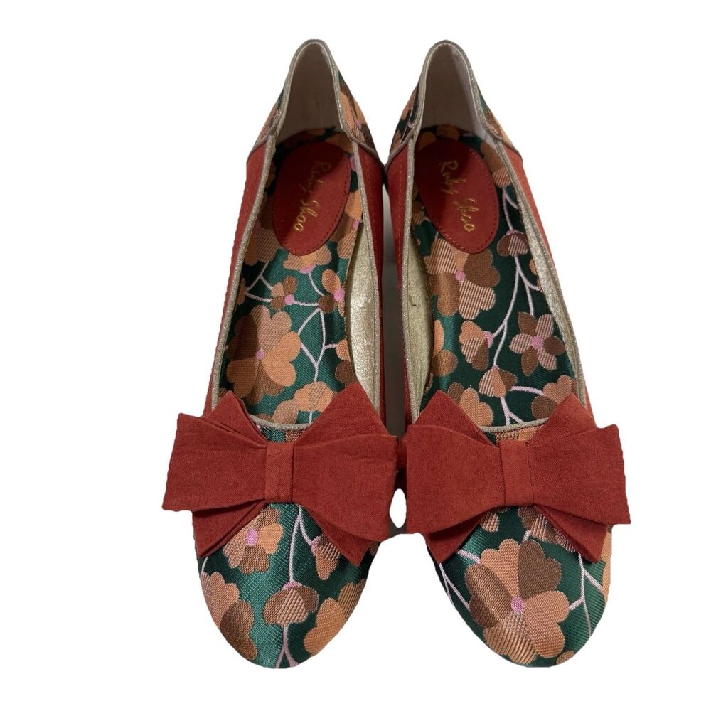 Ruby Shoo Floral Brocade Bow Pumps Burnt Orange Green Brown Retro Size 9
